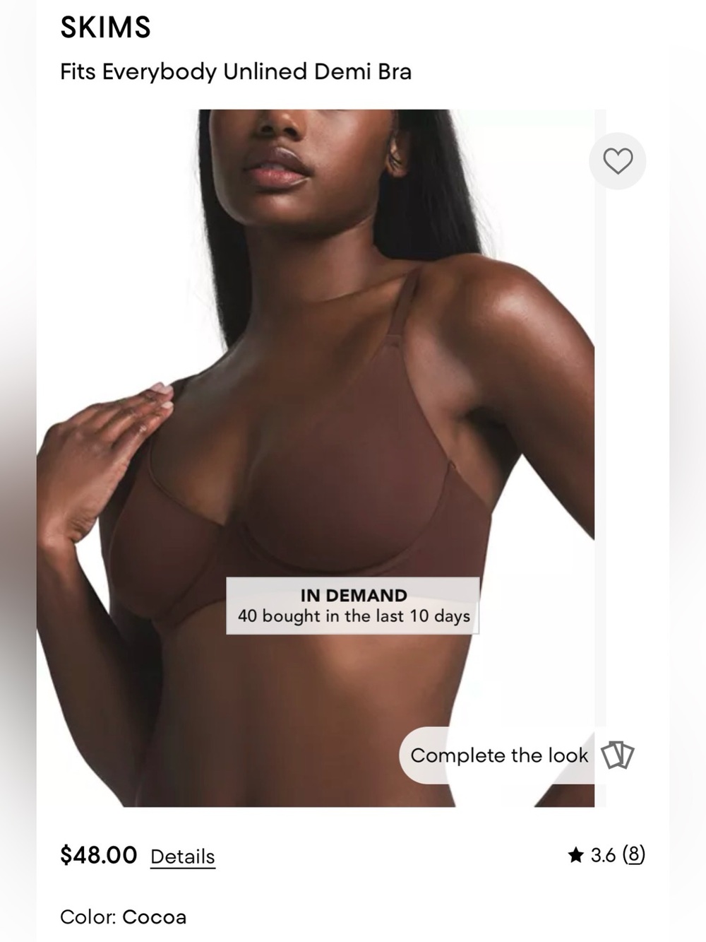 SKIMS Fits Everybody Unlined Demi Bra in Cocoa - Size 34D